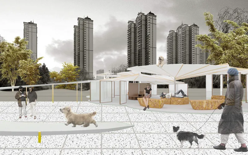 Rendering of public plaza with umbrella-canopied pavilion, people with dogs, and residential towers beyond under cloudy sky