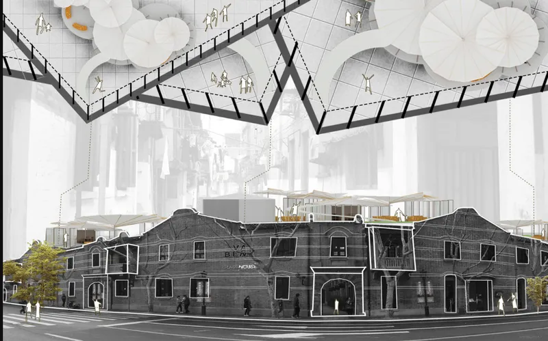 Sectional perspective showing timber heritage buildings beneath floating umbrella canopies and raised public plaza