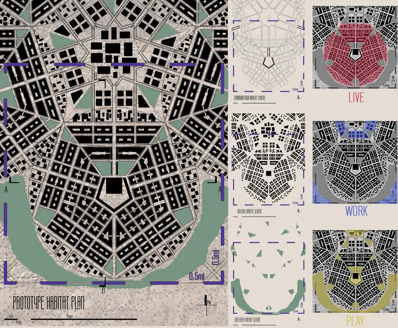 Presentation board showing habitat plan and color-coded zoning diagrams for live, work, and play areas