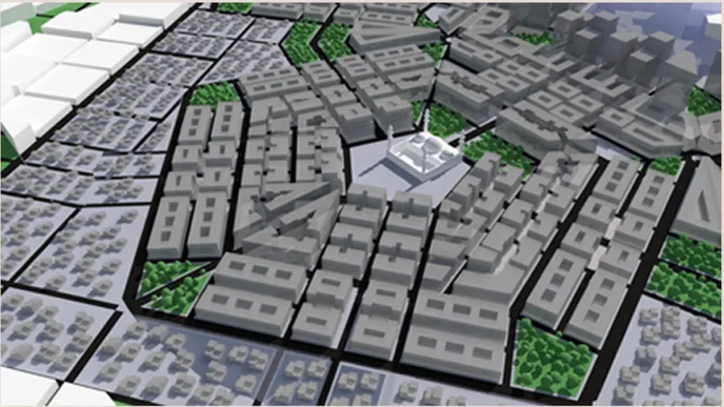 Aerial perspective of one habitat sector showing residential blocks with courtyards and perimeter green spaces