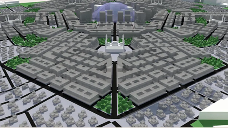 Aerial view of the central plaza with radiating pathways, a domed structure, and surrounding residential zones