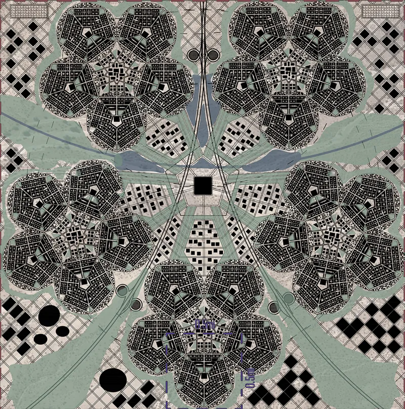 Plan drawing showing radial symmetry with pentagonal modules and diagonal pathways converging on a central square
