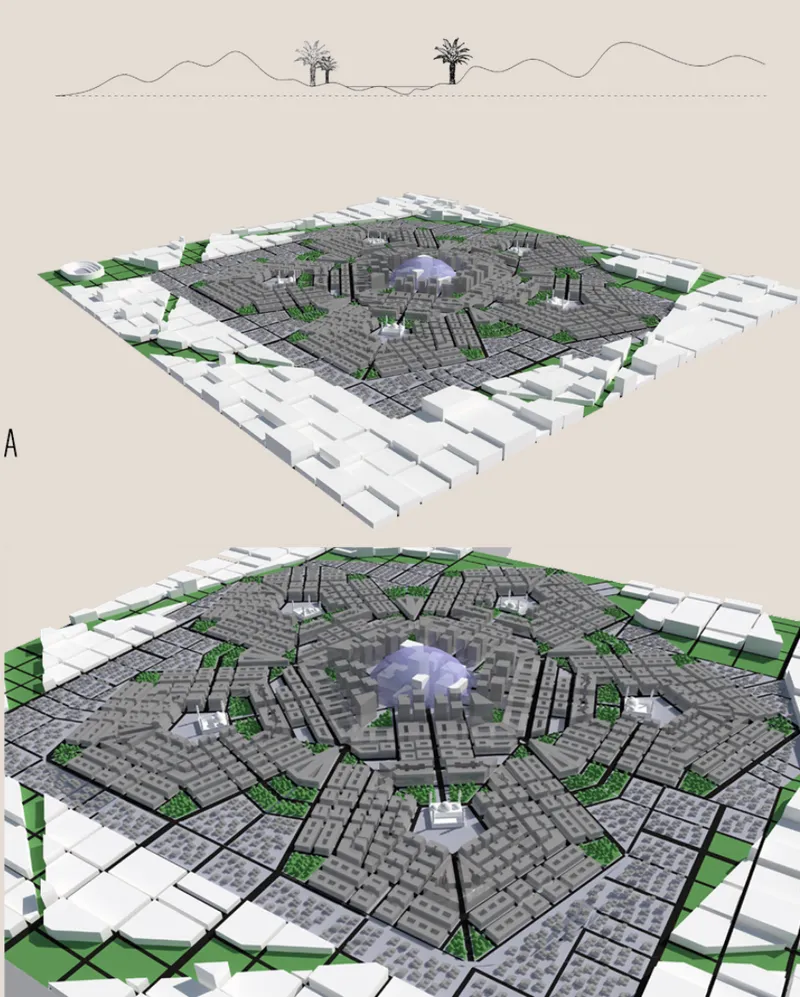 Axonometric rendering of a pentagonal urban layout with residential blocks, green spaces, and a central dome