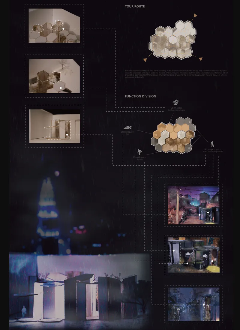 Presentation board showing physical models, hexagonal plan diagrams, and interior renderings with function division labels