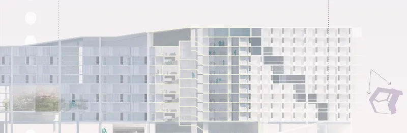 Section drawing showing the multi-story housing block with distributed communal spaces and transparent circulation zones