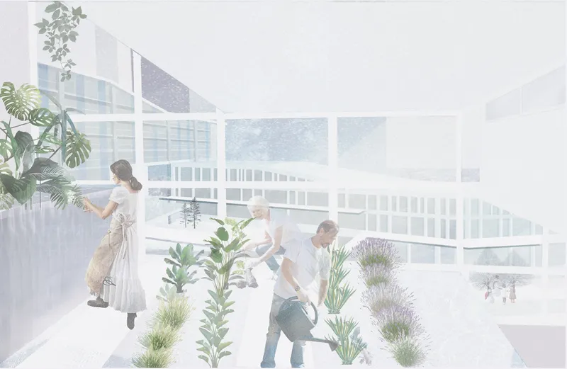 Interior terrace rendering showing residents tending to potted plants with the curved housing block visible beyond