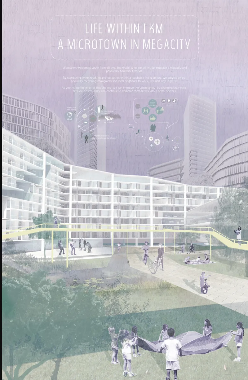 Rendered aerial view of a terraced residential building with courtyards and residents gathering on the lawn below