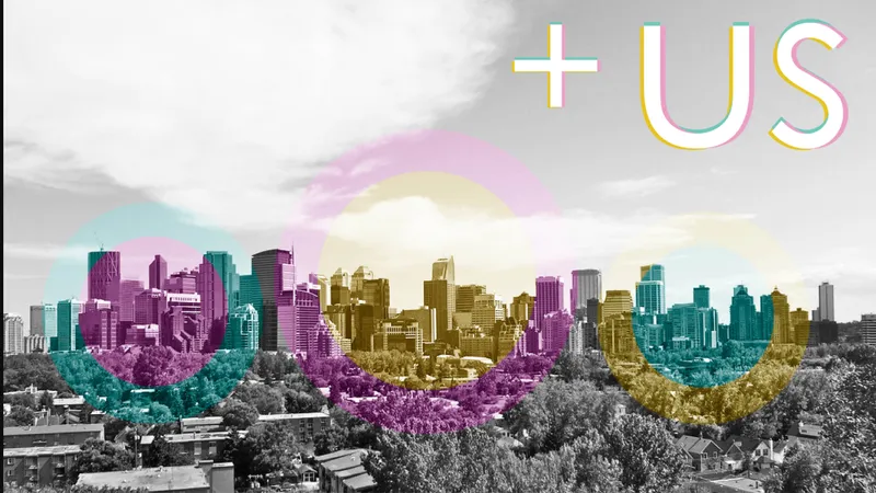 Panoramic skyline view with colored graphic overlays highlighting clusters of towers above residential foreground