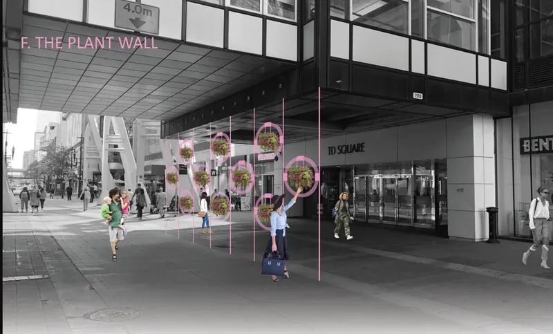 Public plaza with suspended circular planter elements and pedestrians walking beneath the glazed overhang
