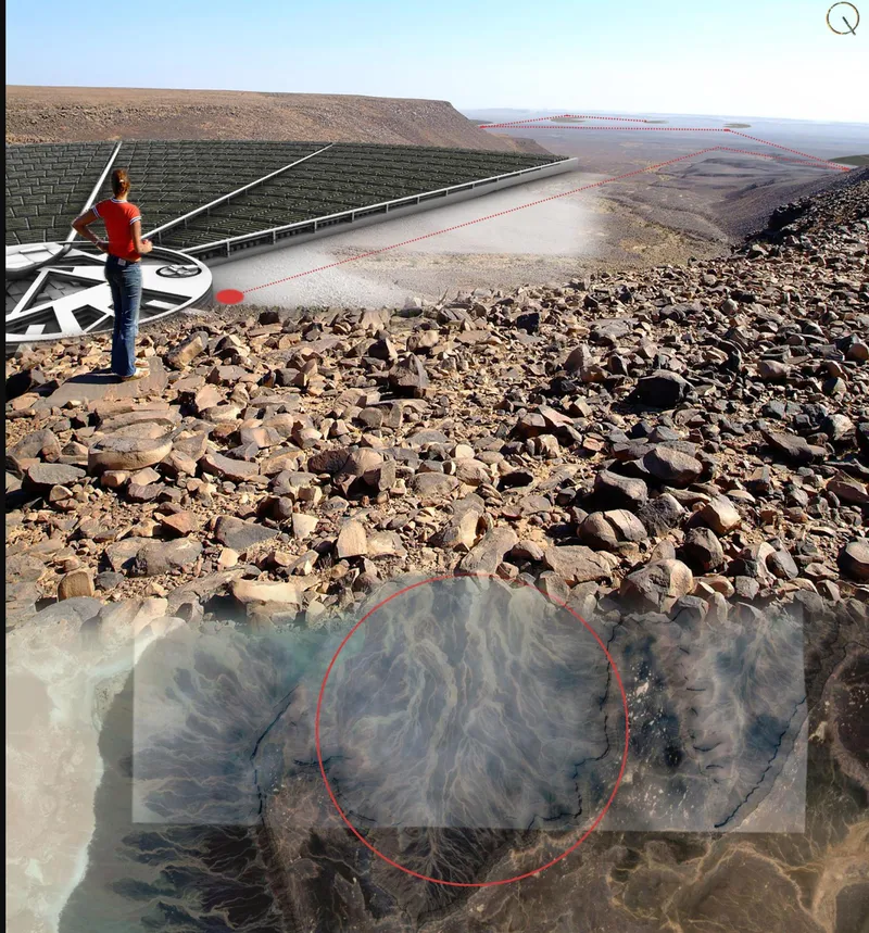 Aerial view of a large reservoir contained by earth embankments in an arid rocky landscape