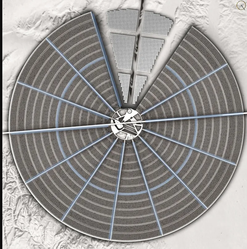 Plan drawing showing a circular form divided into radiating sectors with a central core