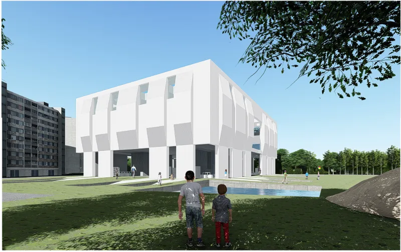 White sculptural facade with vertical fins facing a green lawn with two children and a reflecting pool