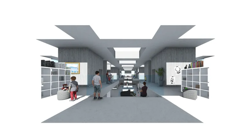 Interior perspective showing a long corridor with cantilevered ceiling planes and storage units along walls with visitors