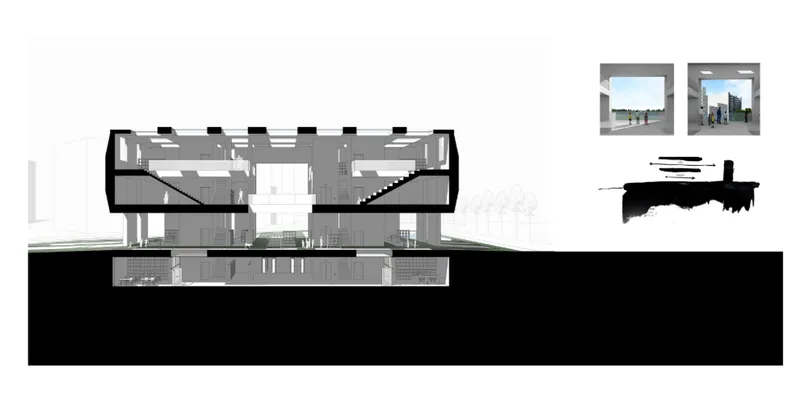 Section drawing revealing the building's split-level interior organization with stairs and suspended upper volumes