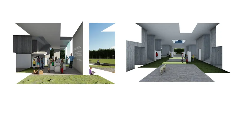 Two interior perspective views showing framed openings with board-formed concrete walls and visitors in gallery spaces