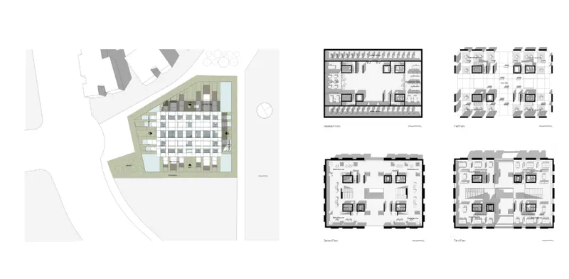 Site plan and four floor plans showing the building's rectangular footprint and internal room layouts