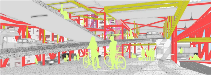 Sectional perspective showing red and yellow structural frames with cyclists and pedestrians moving through the space