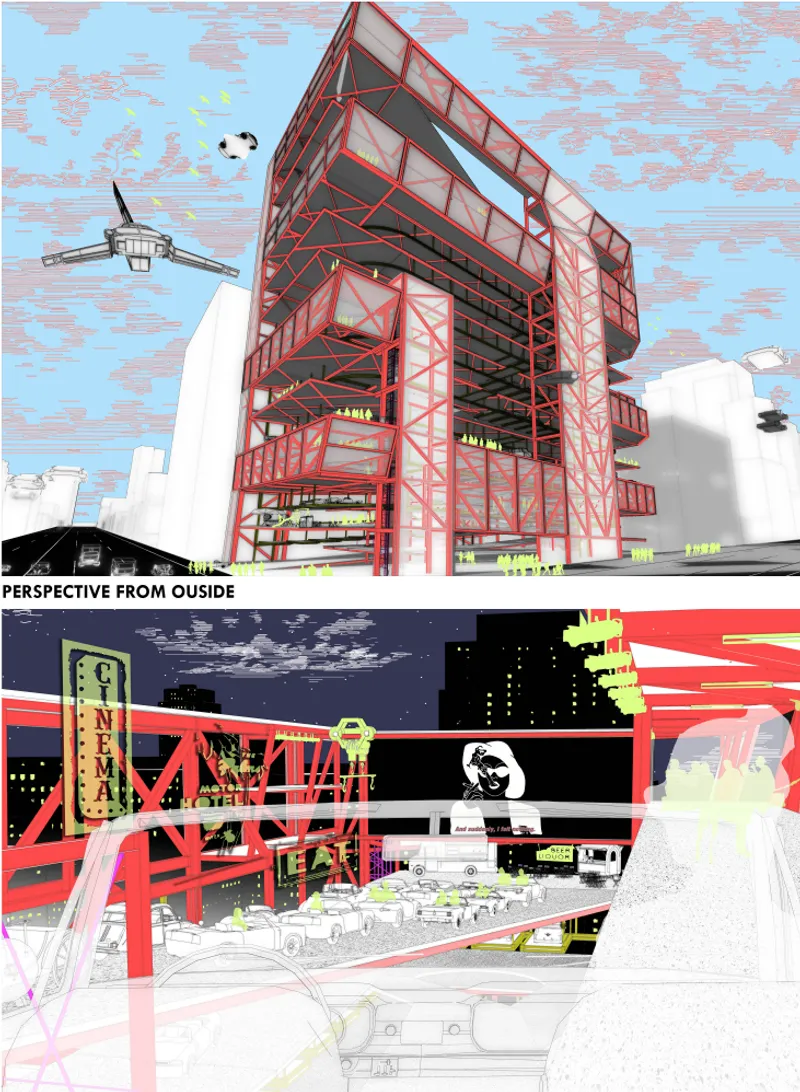 Axonometric drawing of a red steel frame structure with exposed floor plates and a helicopter overhead
