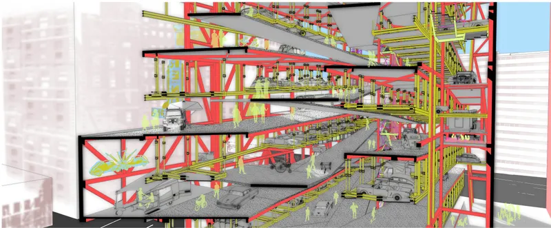 Sectional drawing revealing multiple levels with red and yellow structural bays and planted terraces throughout