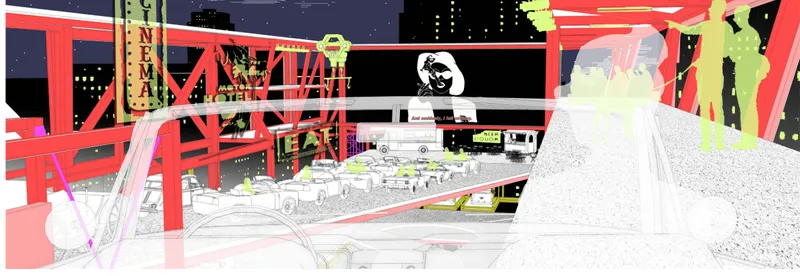 Interior perspective showing diagonal red bracing and a cinema marquee visible through the open steel framework at night