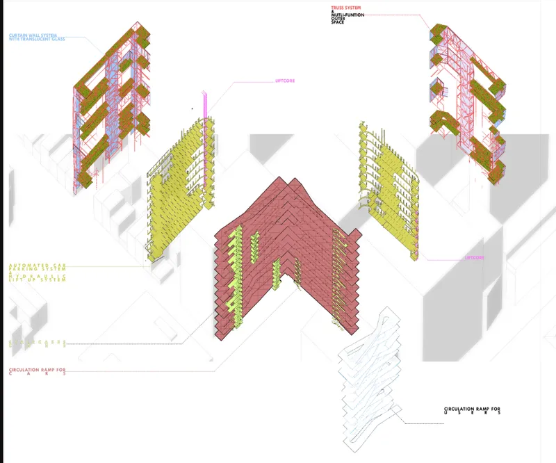 Axonometric diagram showing exploded structural components including red brick cores and yellow and red truss systems
