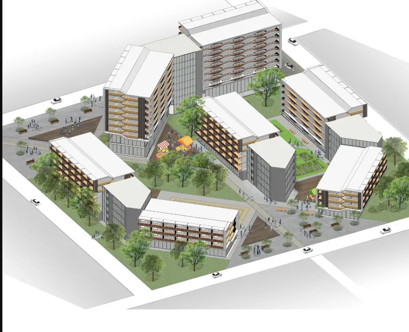 Axonometric drawing of a multi-building housing complex with courtyard spaces and tree-lined pathways between volumes