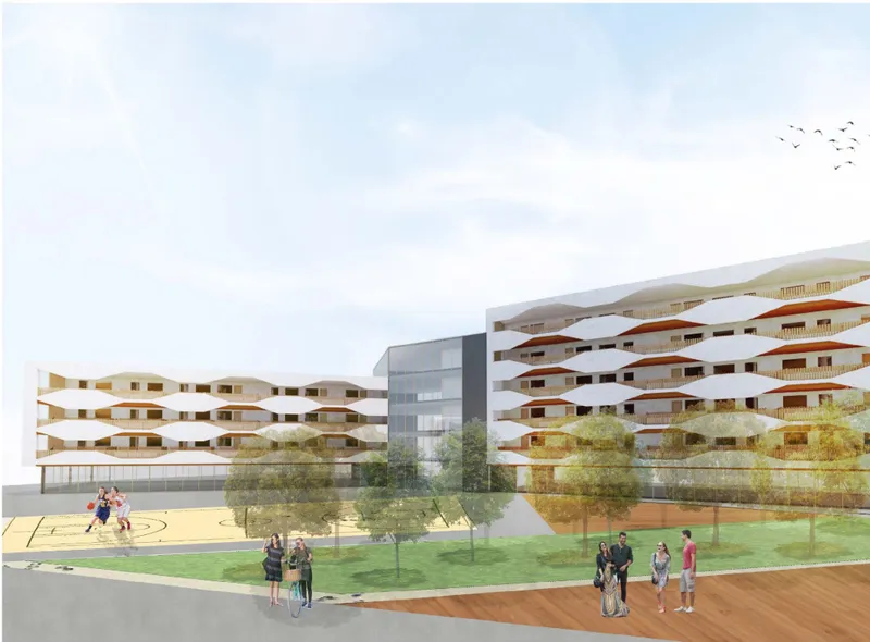 Ground-level view of residential wings with undulating balconies flanking a central courtyard with basketball court and gathering residents