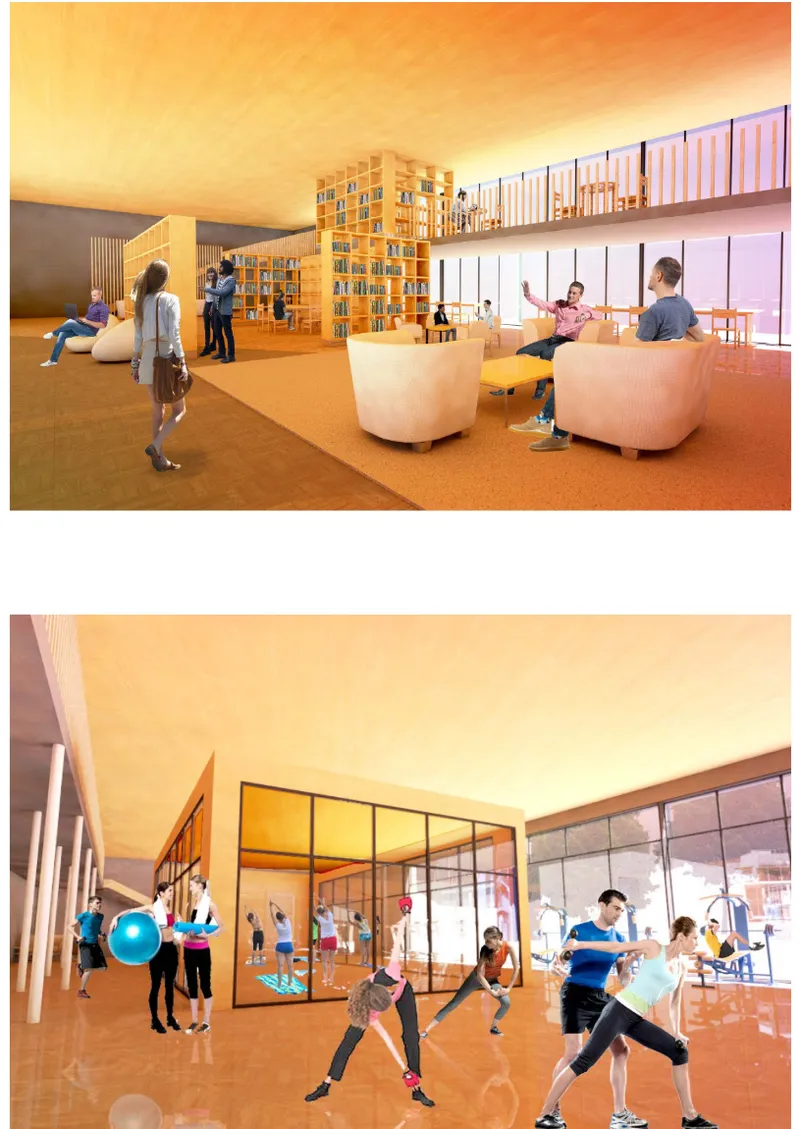 Two interior renderings showing communal library space with curved seating and exercise room with glazed partitions at sunset