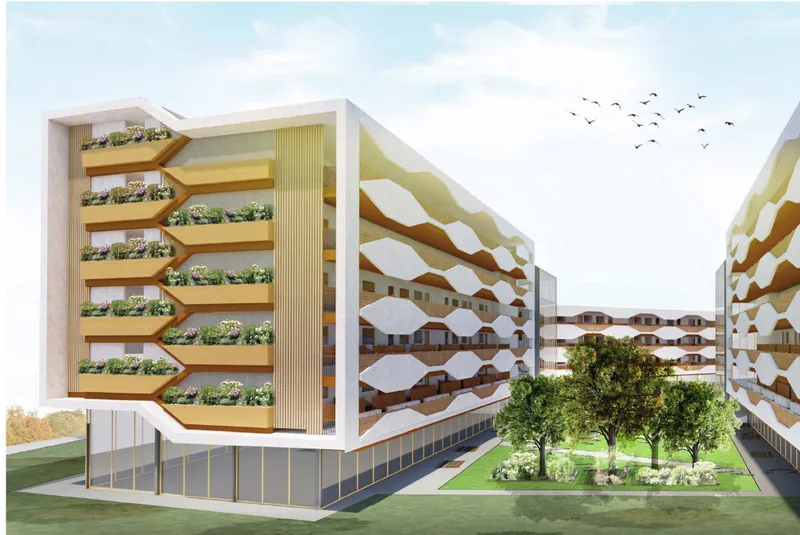 Rendering showing stacked residential balconies with planted terraces and wave-patterned facade panels under a clear sky