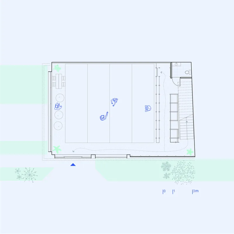 Floor plan drawing showing a rectangular space with tatami grid, stair, restroom and outdoor terrace