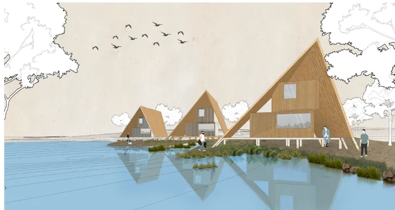 Rendering of three triangular timber pavilions on stilts beside a calm body of water with birds overhead