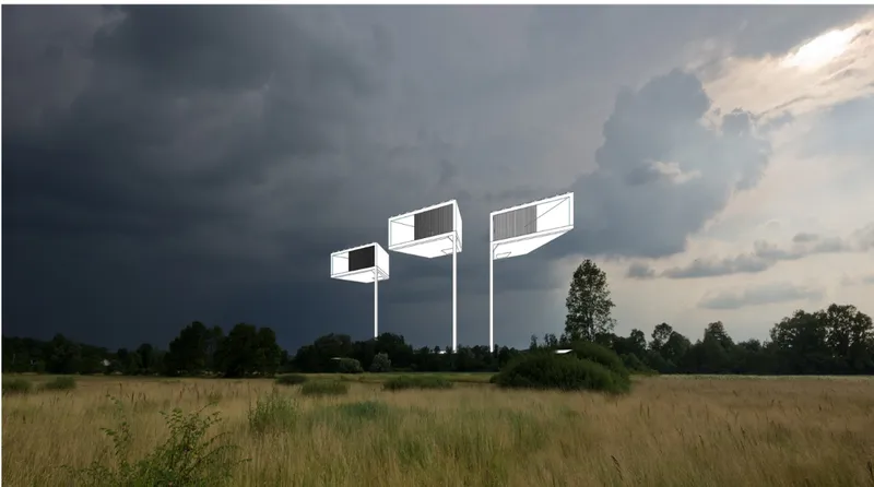 Three white outlined pavilion volumes superimposed over a golden field under stormy clouds