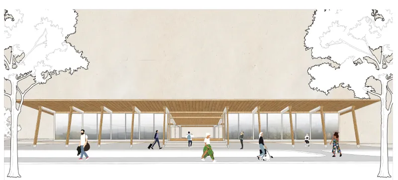 Elevation rendering of a covered platform with timber columns and sloped roof sheltering pedestrians