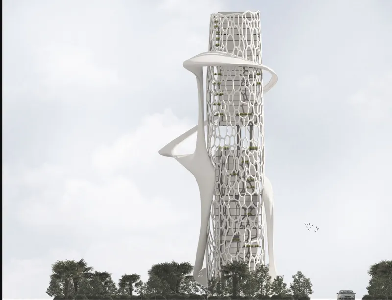 View of the cellular lattice tower wrapped by curved white platforms against an overcast sky