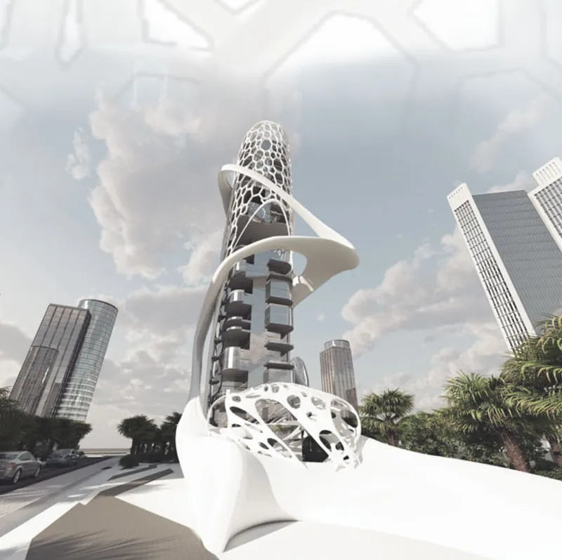 Street-level view of the latticed tower wrapped by spiraling white platforms above palm trees and high-rises