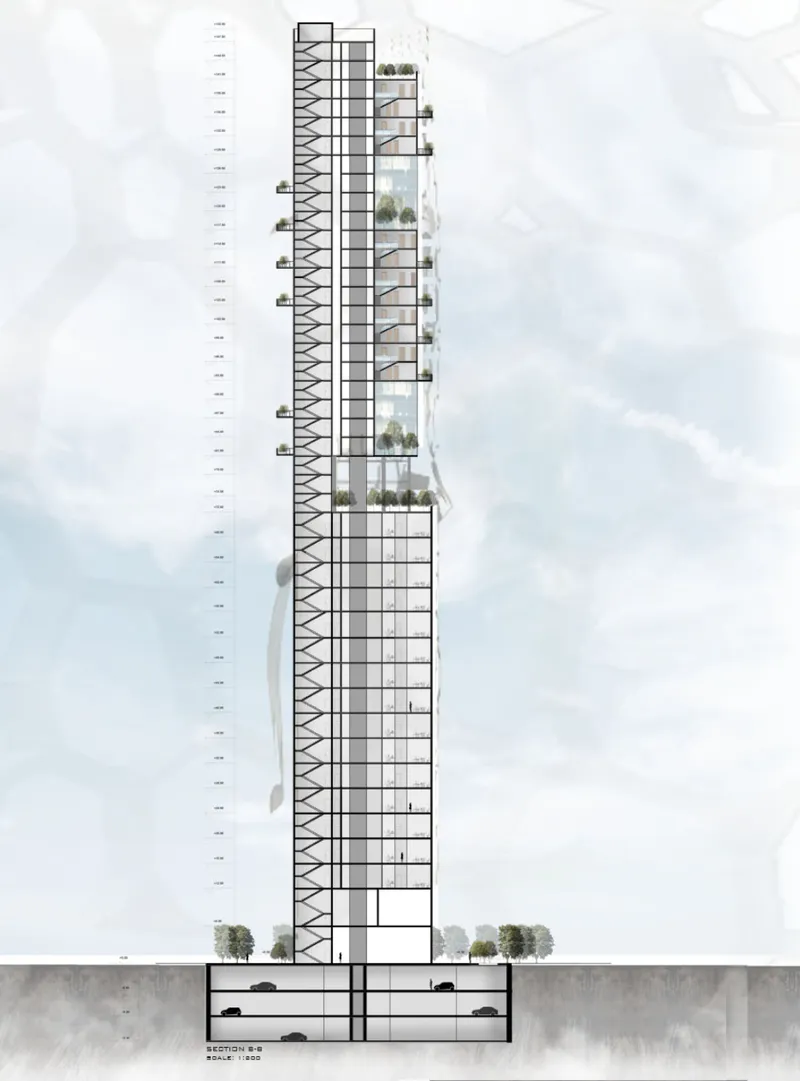 Section drawing showing the tall tower with external helical circulation and planted terraces at intervals