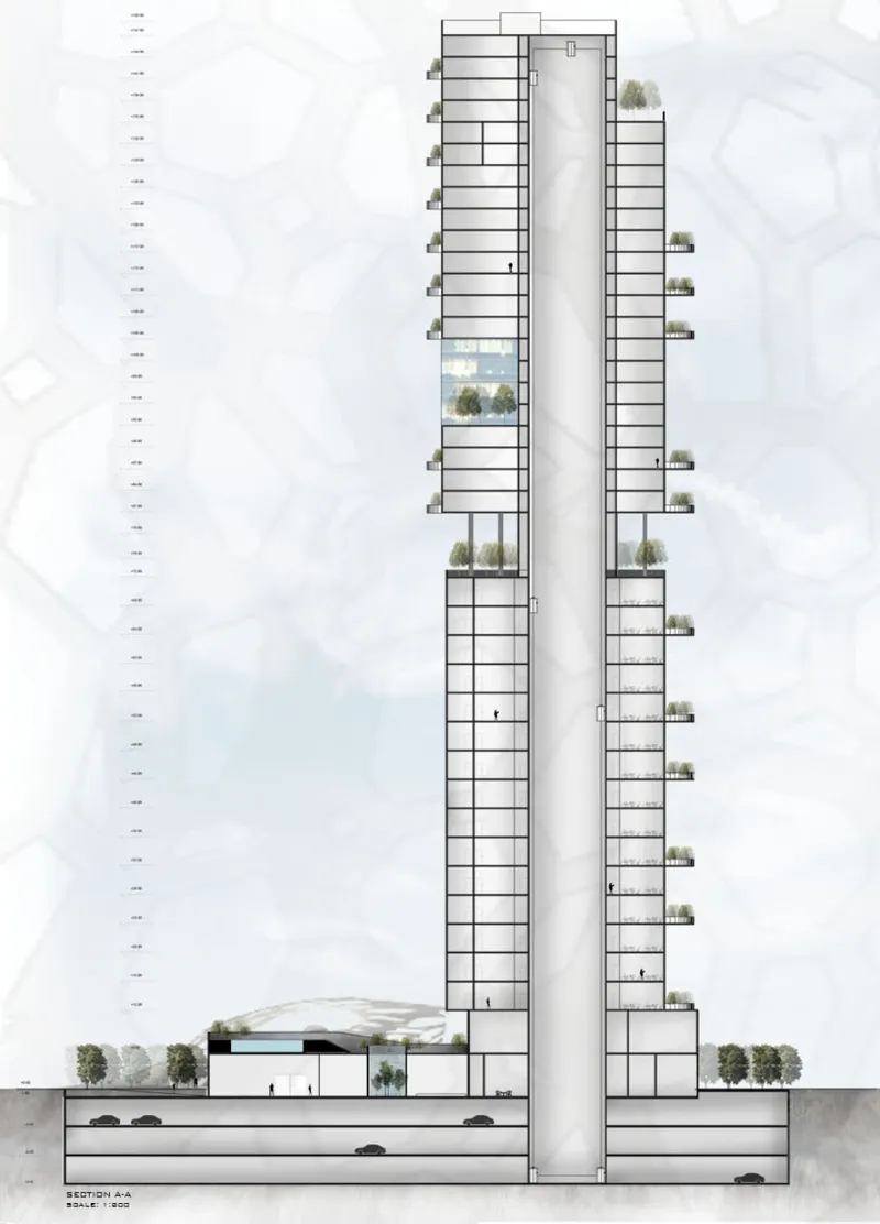 Section drawing depicting twin towers connected by a low podium with planted terraces on multiple levels