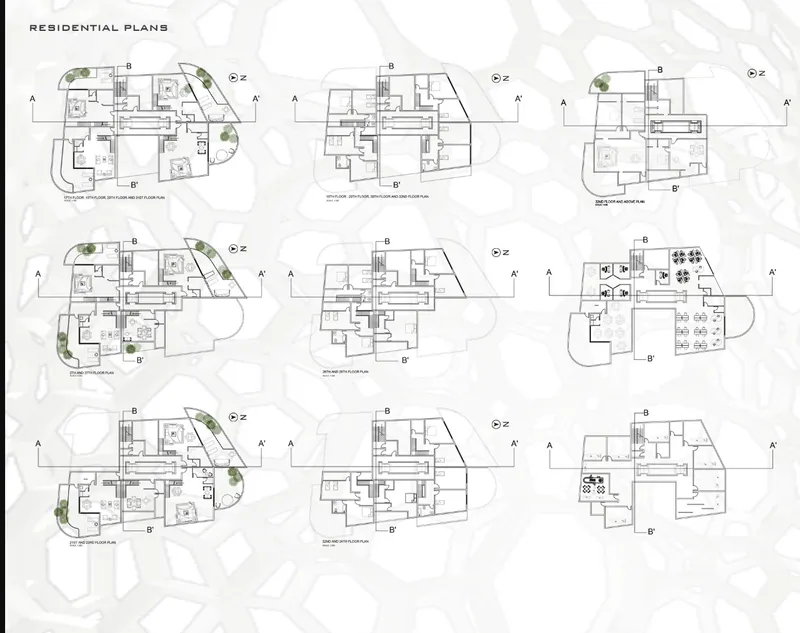 Residential floor plans showing nine variations of unit layouts with corner terraces and central cores