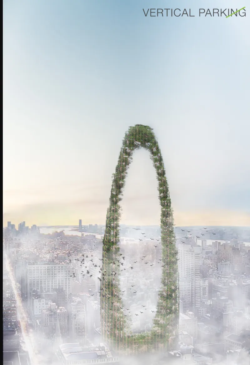 Aerial rendering of a slender arch-shaped tower with cascading vegetation rising above a dense urban skyline