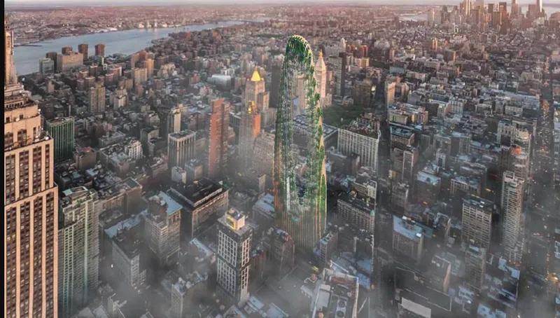 Elevated view of the plant-covered U-shaped tower at dusk surrounded by low-rise buildings and waterfront