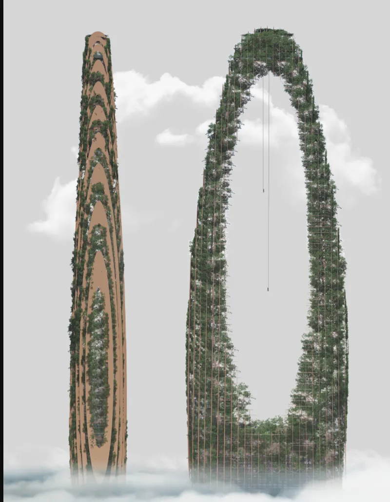 Section drawing revealing internal structure and planting zones within the two tapering tower legs against cloudy sky