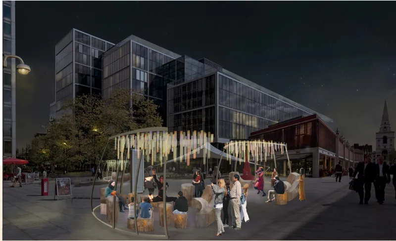 Public plaza with illuminated vertical fin canopy and timber seating cubes at dusk