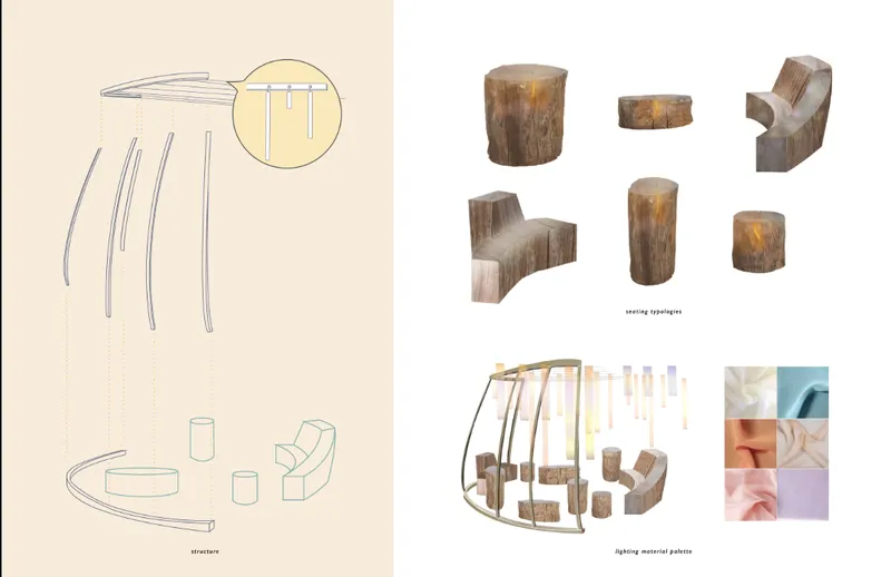 Concept drawing showing seating typologies and lighting canopy assembly with material palette