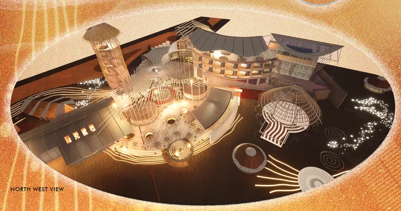 Aerial rendering from the opposite direction revealing circular pavilions, ribbed canopies and planted areas within the sunken compound