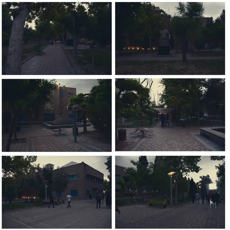 Series of six views showing the public square with brick buildings and pedestrians at twilight