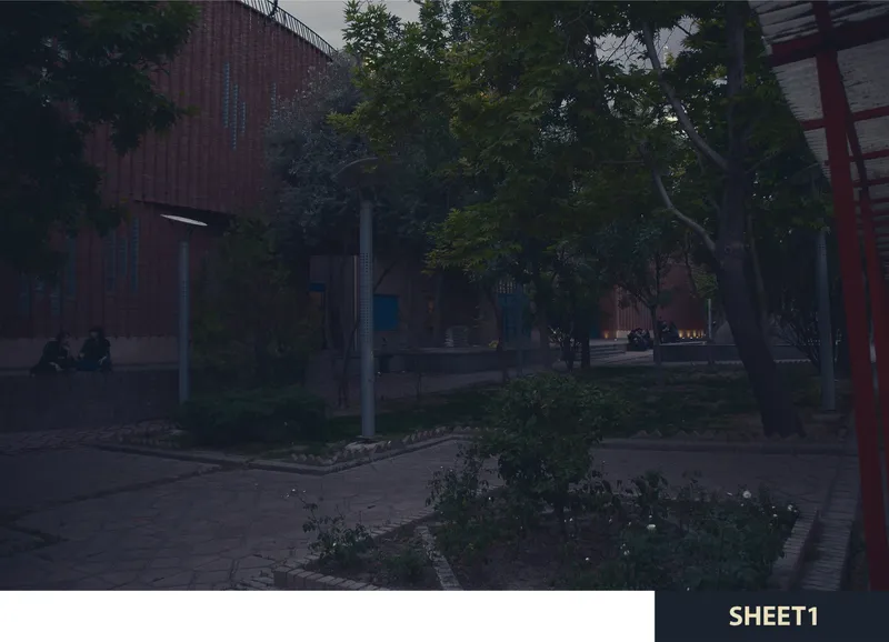 Planted beds with flowering shrubs and white light poles beside brick paving at dusk