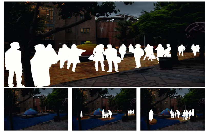 Rendering showing white silhouette figures overlaid on the plaza to indicate pedestrian circulation patterns