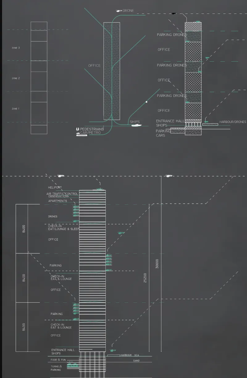 Section drawings showing the vertical circulation core and stacked parking decks within the tower