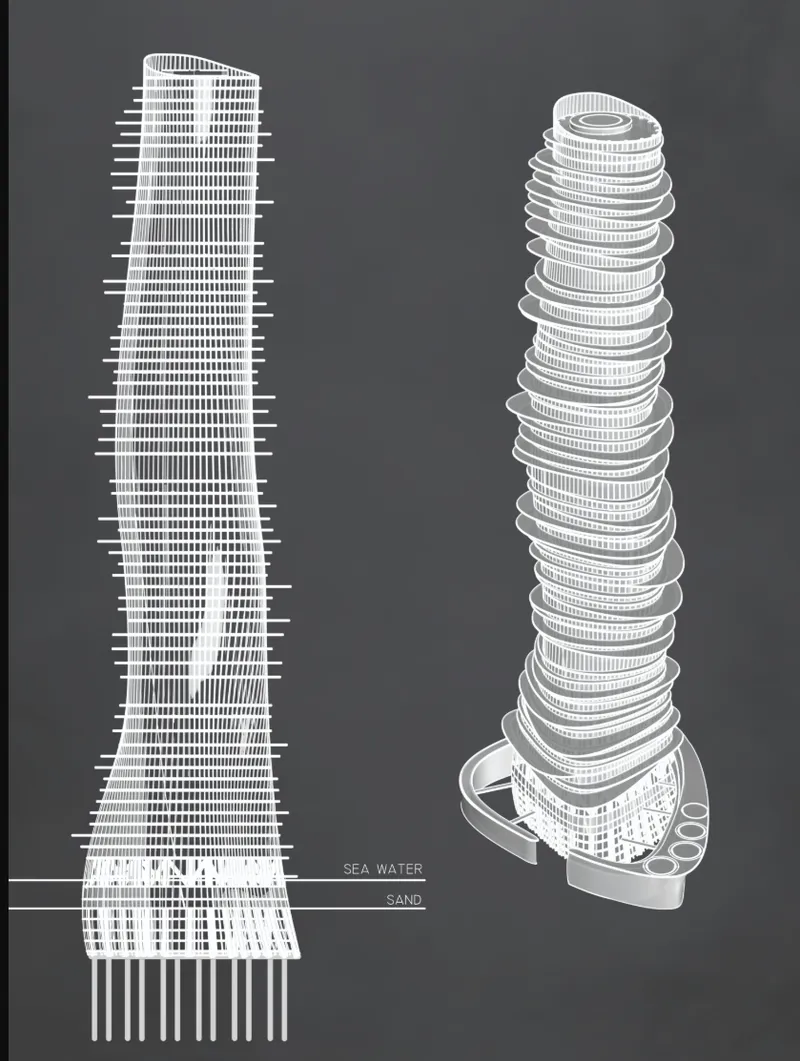 Section and axonometric drawings revealing the tower structure on piles above the seabed
