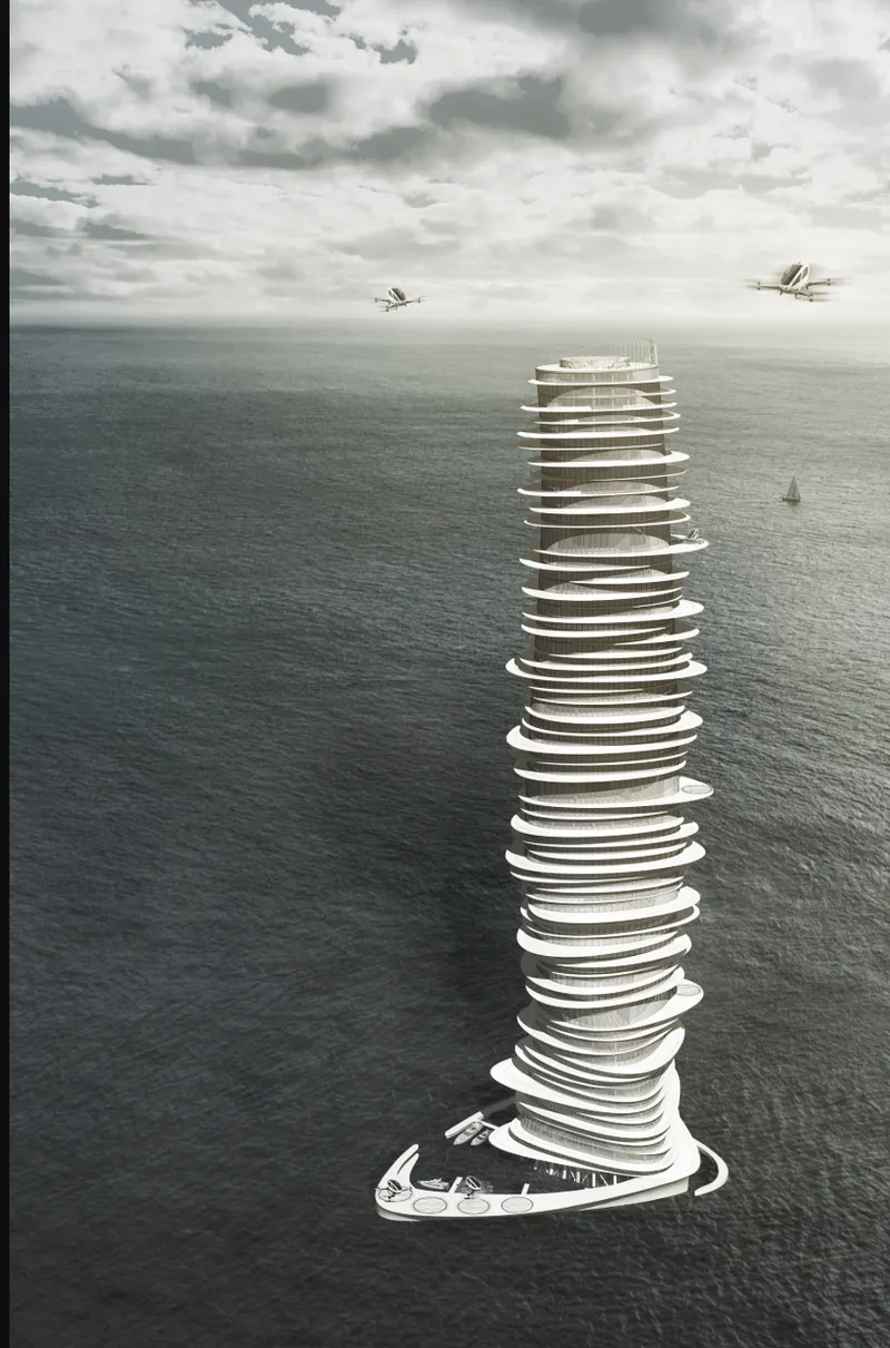 Aerial view of the spiraling stacked floor plates rising from the ocean with planes overhead